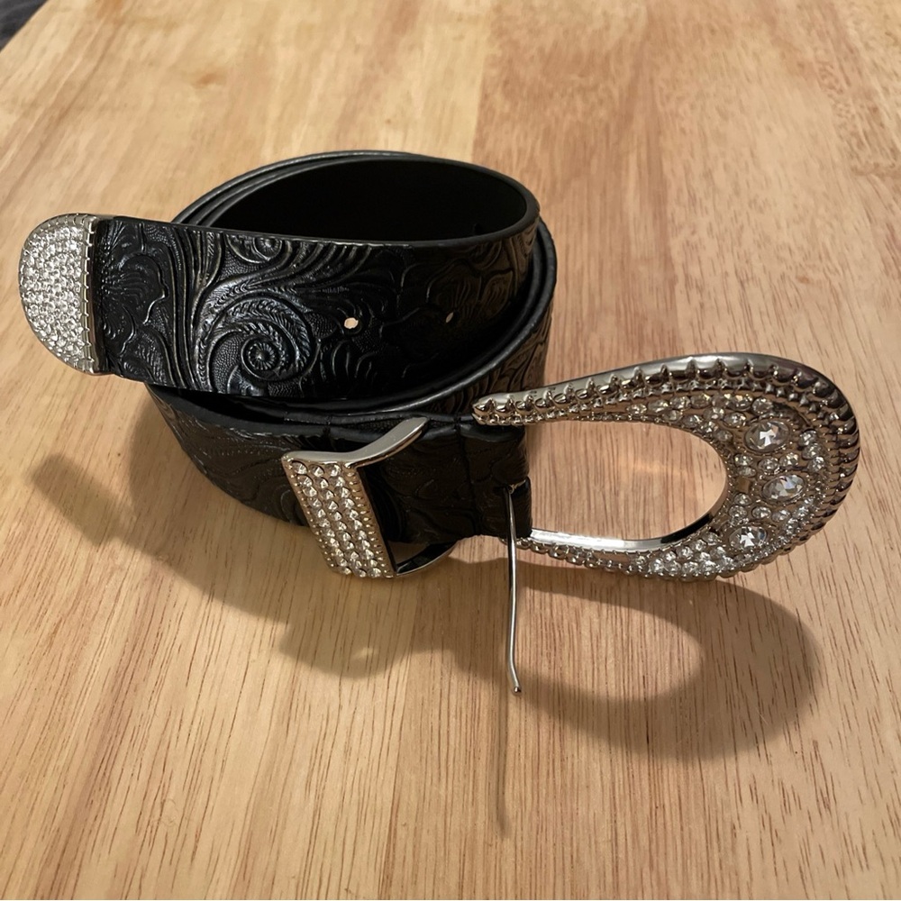 Chico’s Black Embossed Belt with Rhinestone Buckle